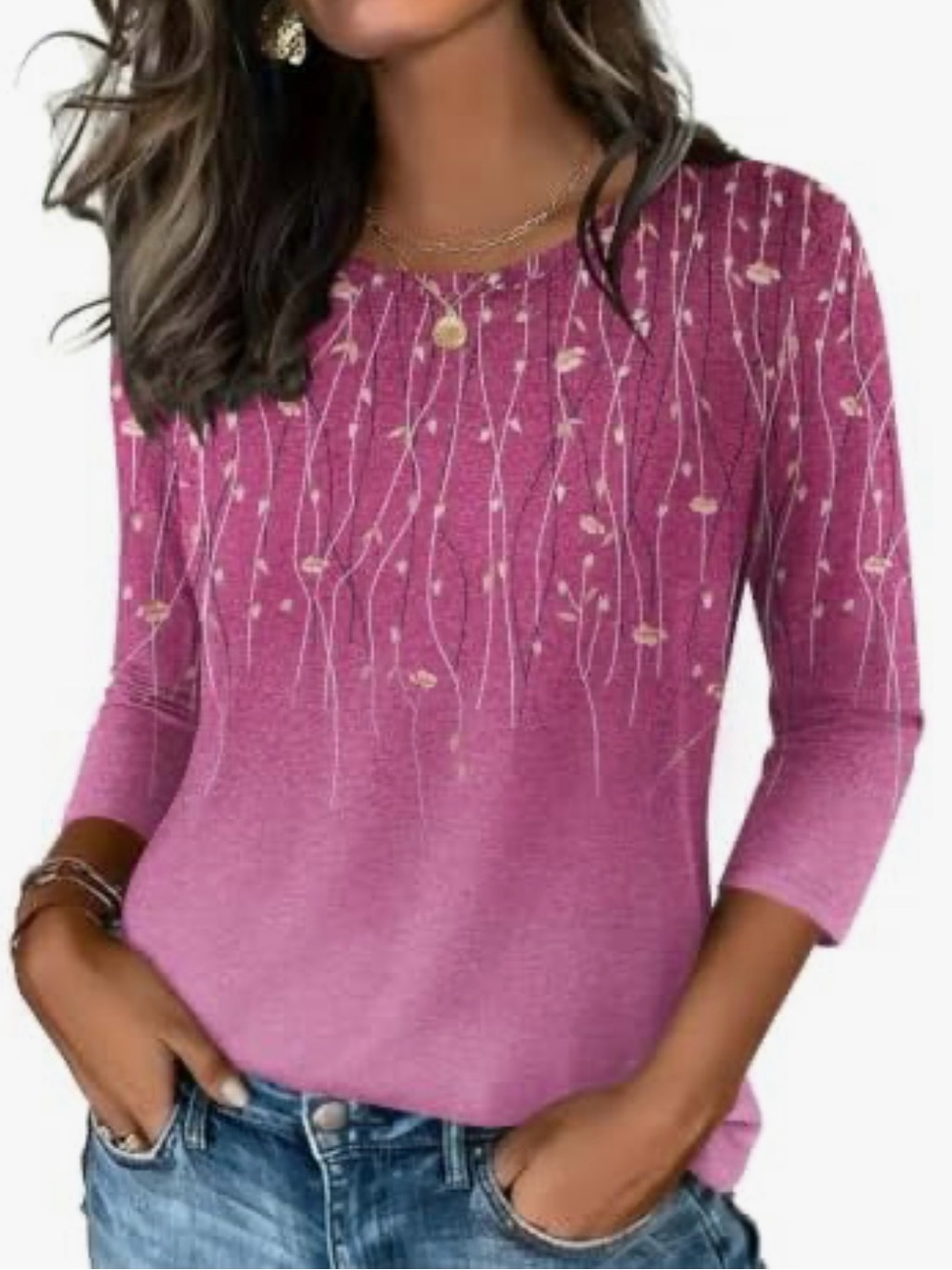 NWT Zeagoo 3/4 Sleeve Round Neck T Shirt Casual Top Pink Floral Vine Size Medium